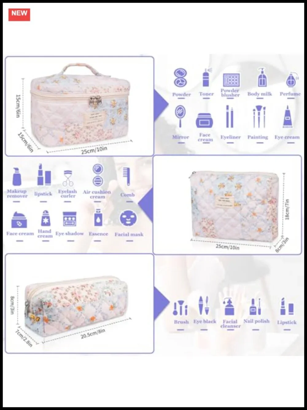 Quilted Cotton Floral Makeup Bag Set, 3 Sizes, Travel Toiletry Organizer,